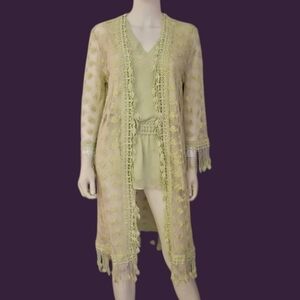 LA BELLUM by Hillary Scott Celery Green Two Piece Peplum Top and Lace Kimono